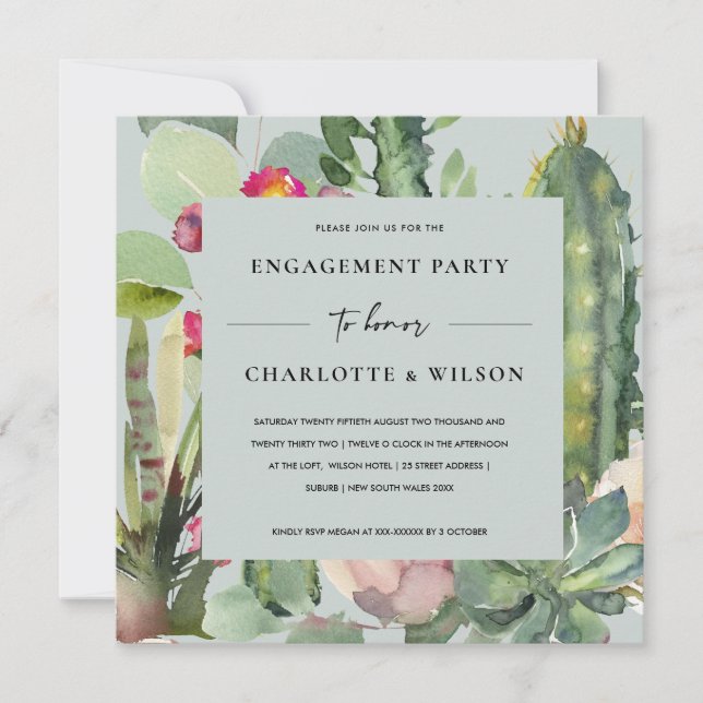 GREY PINK FLORAL DESERT CACTI FAUNA ENGAGEMENT INVITATION (Front)