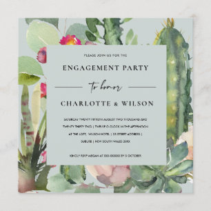 GREY PINK FLORAL DESERT CACTI FAUNA ENGAGEMENT INVITATION