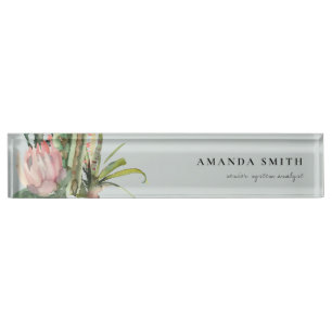 GREY PINK FLORAL DESERT CACTI FOLIAGE WATERCOLOR NAMEPLATE