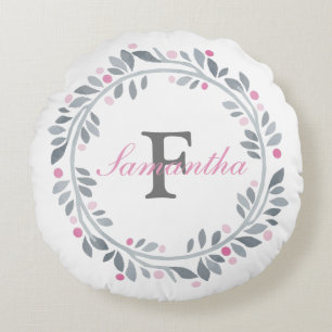 Grey Pink Floral Double Monogram Elegant Round Pillow