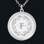 Grey Pink Floral Double Monogram Elegant  Silver Plated Necklace<br><div class="desc">Monogram this grey and pink floral wreath silver plated necklace with your initial and your name. Great gift idea for bridesmaid,  friends,  family or buy one for yourself.</div>