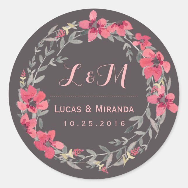 Grey Pink Floral Wreath Wedding Favour Sticker (Front)