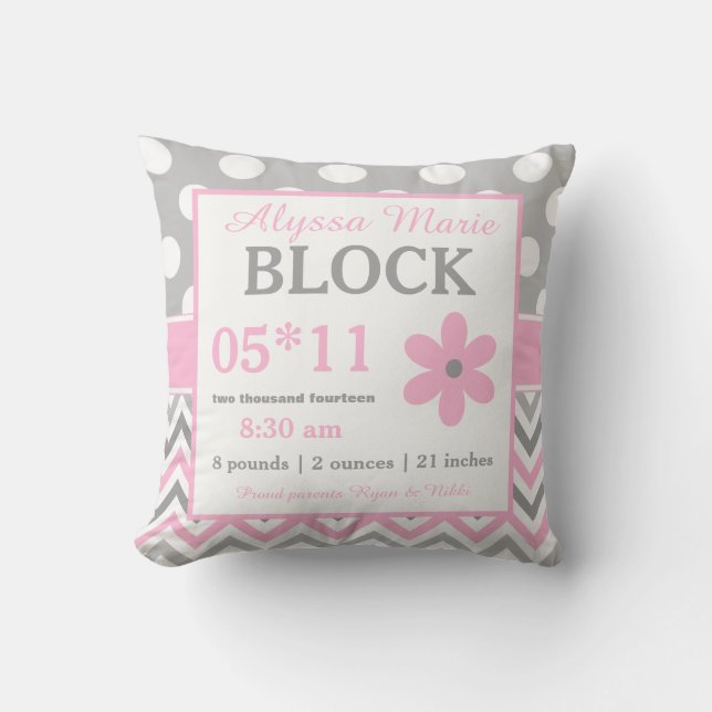 Grey Pink Flower Baby Announcement Pillow (Front)