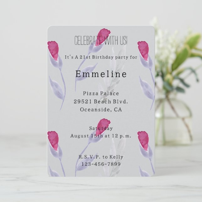 Grey Pink Flowers Birthday Invitation (Standing Front)