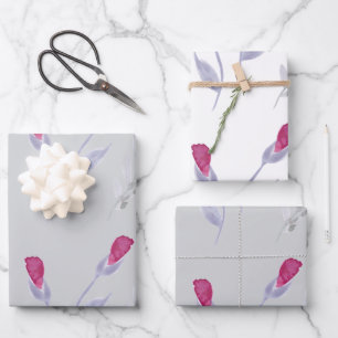 Grey Pink Flowers Birthday Wrapping Paper Sheet