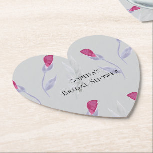 Grey Pink Flowers Bridal Shower Paper Coaster