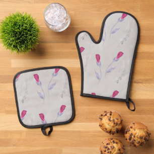 Grey Pink Flowers   Oven Mitt & Pot Holder Set