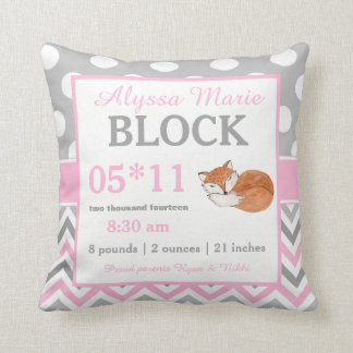 Grey Pink Fox Baby Announcement Pillow
