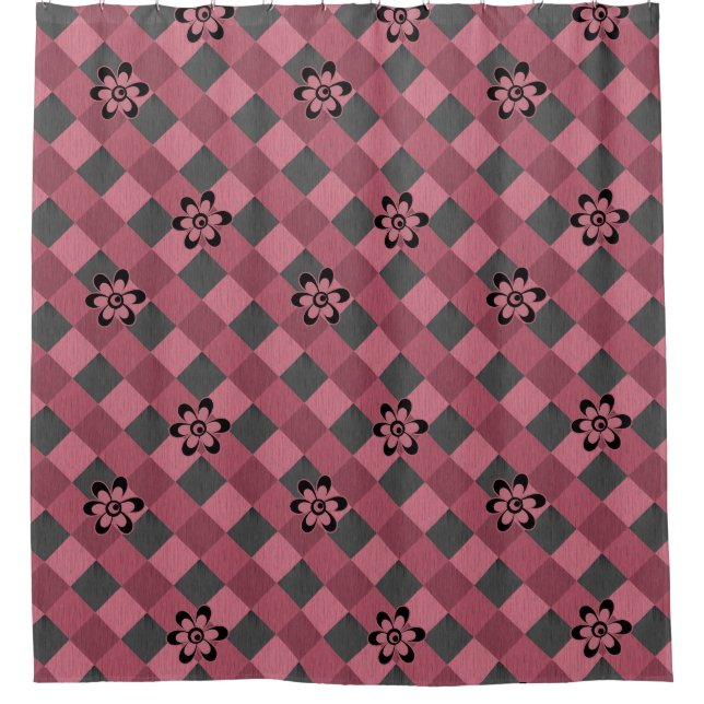 Grey pink geometric chequered pattern with flowers (Front)