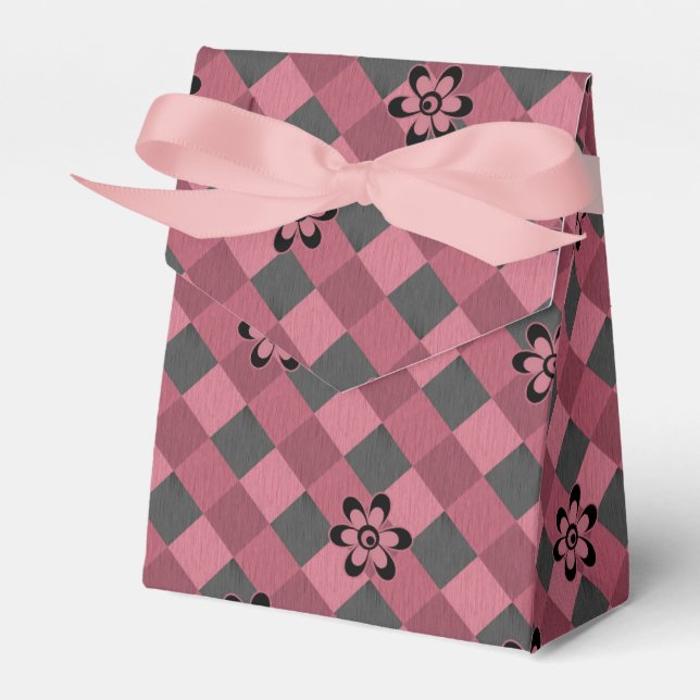 Grey pink geometric chequered pattern with flowers favor box (Front Side)