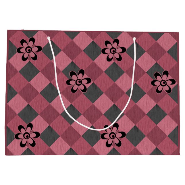 Grey pink geometric chequered pattern with flowers large gift bag (Back)