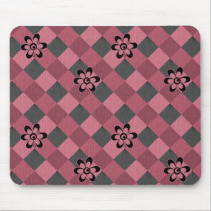 Grey pink geometric chequered pattern with flowers mouse pad