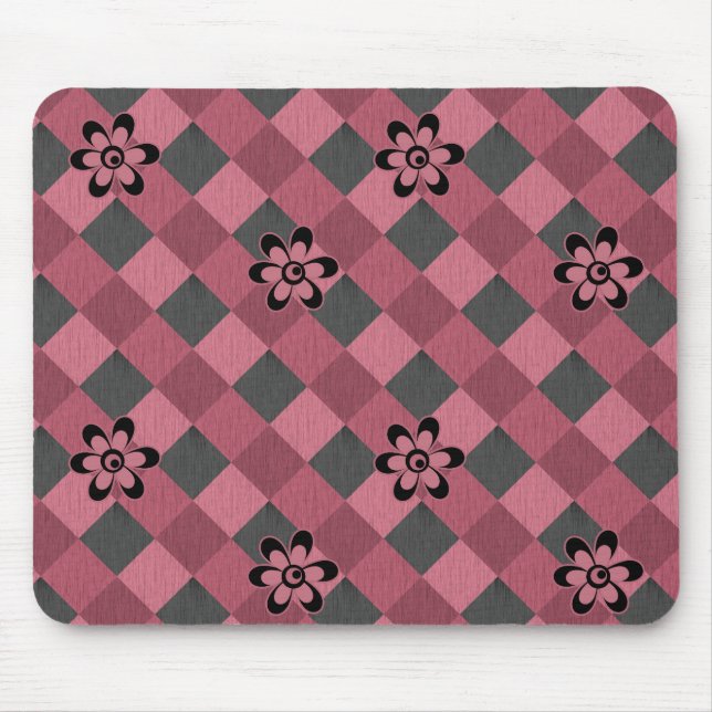 Grey pink geometric chequered pattern with flowers mouse pad (Front)