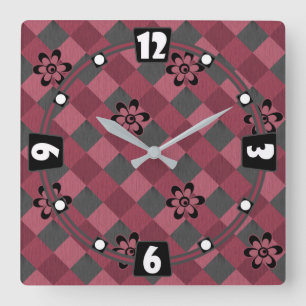 Grey pink geometric chequered pattern with flowers square wall clock