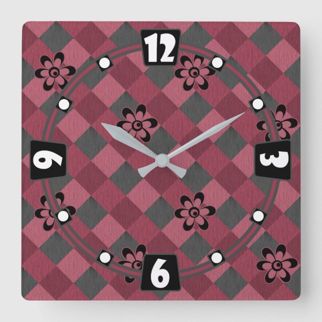 Grey pink geometric chequered pattern with flowers square wall clock (Front)