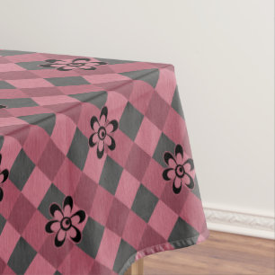 Grey pink geometric chequered pattern with flowers tablecloth
