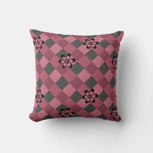 Grey pink geometric chequered pattern with flowers throw pillow