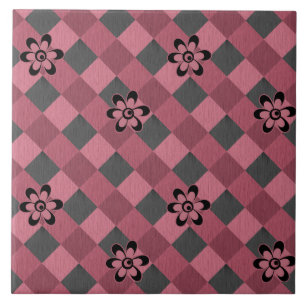 Grey pink geometric chequered pattern with flowers tile