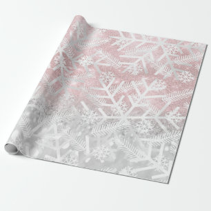 Grey  Pink Glitter Christmas Holiday Snowflake Joy Wrapping Paper