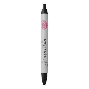 Grey Pink Glitter Heart Personalized Name Black Ink Pen