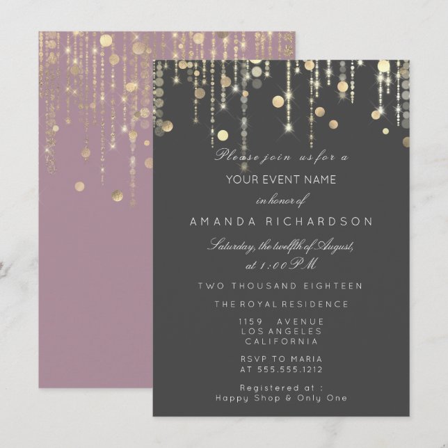 Grey Pink Gold Drips Birthday Bridal Shower Invitation (Front/Back)