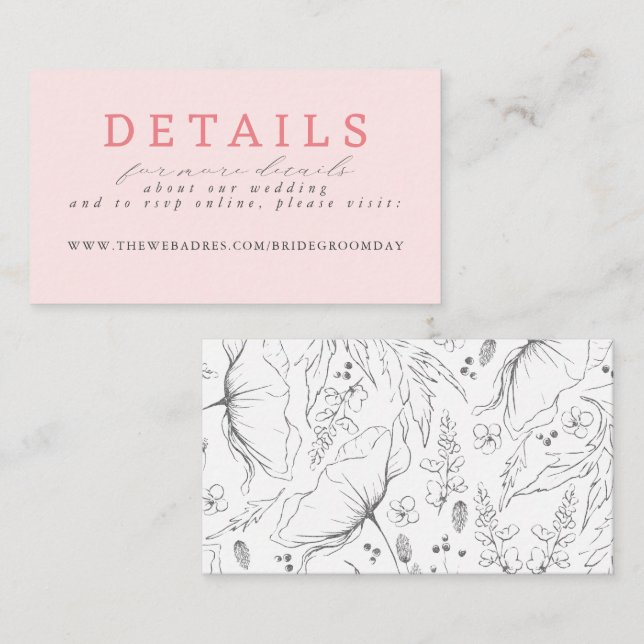 Grey Pink Hand Drawn Wildflowers Wedding Details Enclosure Card (Front/Back)