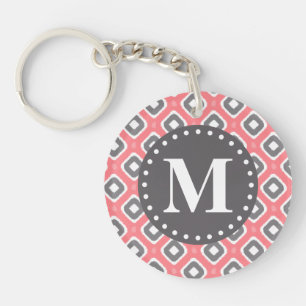 Grey Pink Ikat Mod Pattern with Monogram Keychain