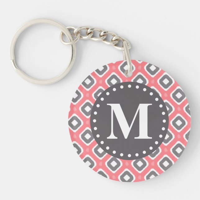 Grey Pink Ikat Mod Pattern with Monogram Keychain (Front)
