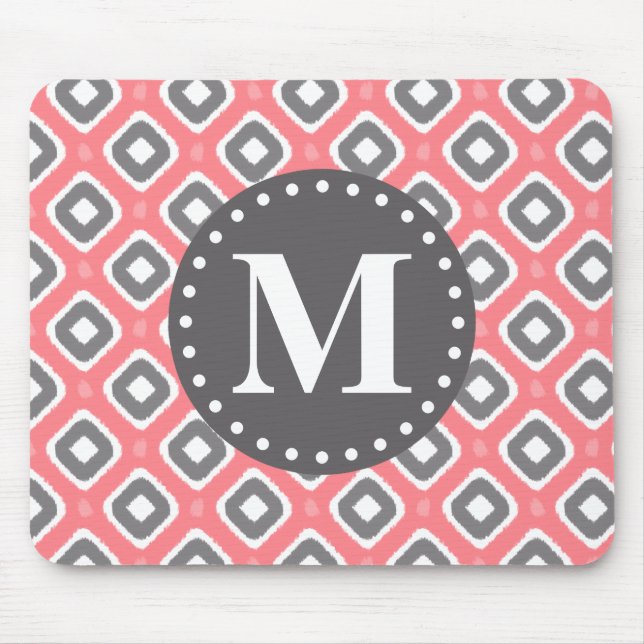 Grey Pink Ikat Mod Pattern with Monogram Mouse Pad (Front)