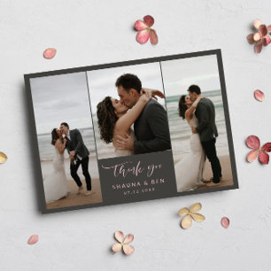 Grey Pink Lined Back 3 Photos Wedding Thank You Card