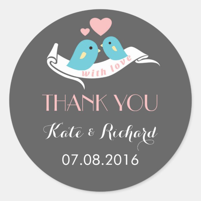 Grey Pink Love Birds Wedding Favour Sticker (Front)