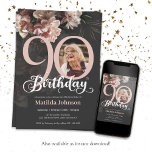 Grey Pink Lush Floral Photo 90th Birthday Party Invitation<br><div class="desc">Grey Pink Lush Floral Photo 90th Birthday Party Invitation. A beautiful and elegant floral design birthday invitation, that features lovely and lush soft pink flowers. This design lets you add a photo of the birthday person and all details is fully customizable. Need help with this template? Contact the designer/creator by...</div>