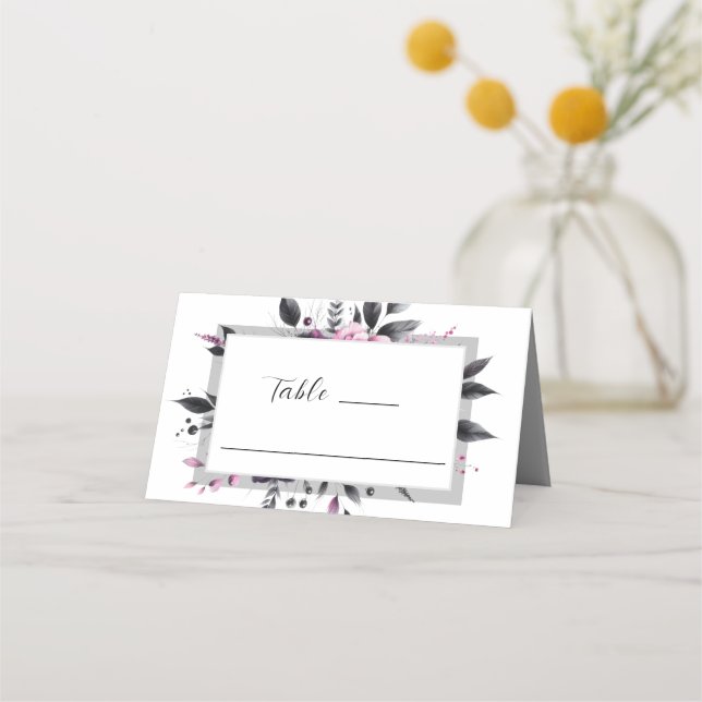Grey Pink Modern Floral Frame Design Wedding  Place Card (Front)