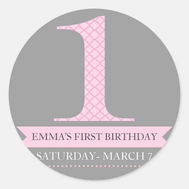 Grey & Pink Modern Pattern 1 Birthday Sticker (Front)