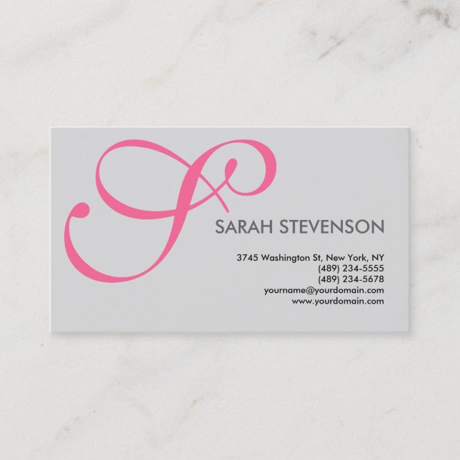 Grey  Pink Monogram Professional Business Card (Front)