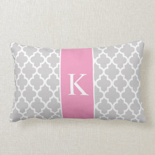Grey Pink Moroccan Custom Monogram Lumbar Pillow