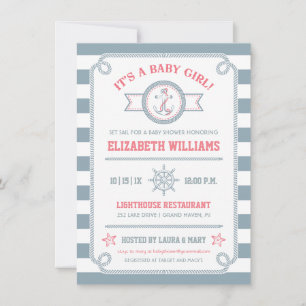 Grey & Pink Nautical Baby Girl Shower Invitation