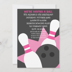 Grey/Pink On the Ball Bowling Party Invitation
