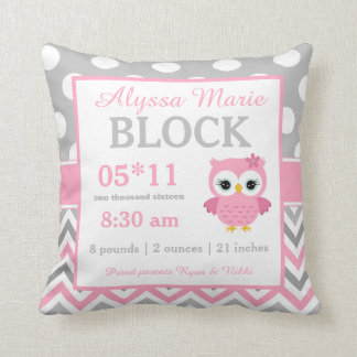 Grey Pink Owl Baby Announcement Pillow