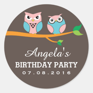 Grey Pink Owl Cartoon Sticker for Kids Birthday