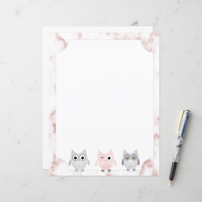 Grey & Pink Owls Rose Gold Marble Border Paper (Front/Back In Situ)