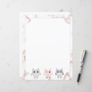Grey & Pink Owls Rose Gold Marble Border Paper