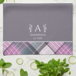 Grey & Pink Plaid Personal Custom Name Monogram Kitchen Towel
