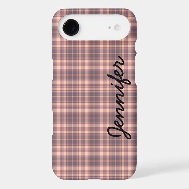 Grey Pink Plaid Tough Personalized Name Case-Mate iPhone Case (Back)