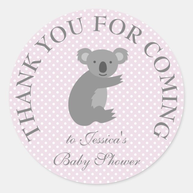 Grey pink polkadots koala bear baby shower sticker (Front)