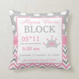 Grey Pink Princess Baby Announcement Pillow