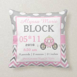 Grey Pink Princess Carriage Baby Announcement Throw Pillow