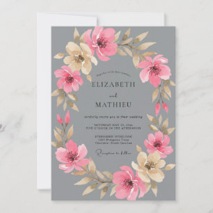 Grey Pink Romantic Floral Wedding Invitation