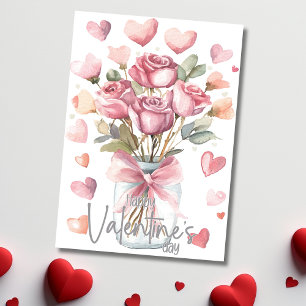 Grey pink rose jar Happy Valentines Day Holiday Card