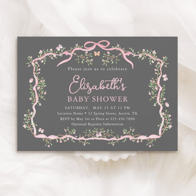 Grey & Pink Spring Floral Frame Baby Shower  Invitation (Creator Uploaded)